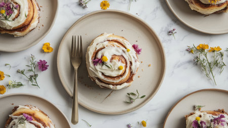 Soft cinnamon rolls topped with creamy frosting and adorned with edible flowers are served on simple plates, creating a beautiful and inviting brunch setting.の素材
