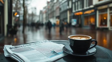 A cup of steaming coffee sits on a table next to an open newspaper. In the background, blurred figures walk along a rain-soaked street lined with shops.の素材