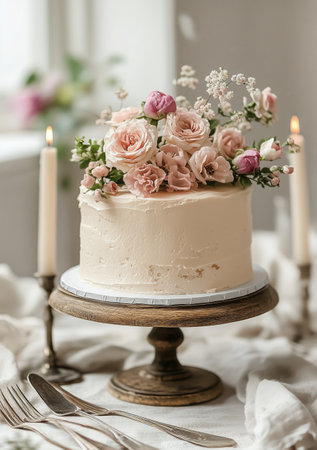A beautifully decorated cake adorned with pink roses and delicate white flowers sits on a wooden pedestal. Candles light up the serene atmosphere, creating a festive mood in the space.の素材