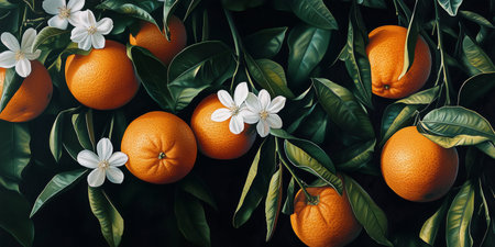Fresh oranges hang from lush green branches adorned with delicate white flowers, creating a vibrant display in a sunlit garden. Nature's bounty thrives in harmony.の素材