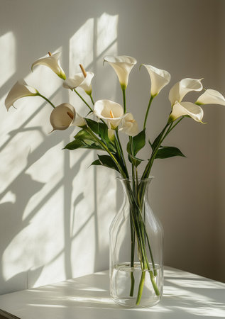 Bright sunlight filters through a window, illuminating a glass vase filled with elegant calla lilies. The delicate flowers create soft shadows on the wall.の素材