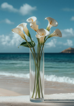 White calla lilies are arranged in a tall glass vase placed on a sandy beach near the ocean. The vibrant blue sky and gentle waves create a peaceful atmosphere.の素材