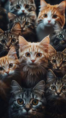 A group of cats with various fur patterns and colors gathers closely, their bright eyes reflecting curiosity and charm in a warm, inviting atmosphere.の素材