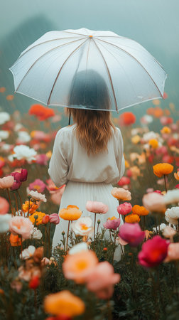 A woman stands in a vibrant flower field holding a clear umbrella. She admires the array of colorful blossoms while surrounded by a misty ambiance on a cool spring day.の素材