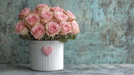 A bouquet of soft pink roses arranged in a white pot with a heart decoration sits against a rustic, textured backdrop. This charming display adds warmth to any romantic setting.の素材