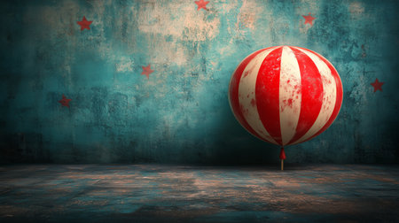 A vintage carnival balloon stands alone against a textured blue background adorned with red stars. The balloon features red and white stripes and adds a nostalgic charm to the setting.の素材