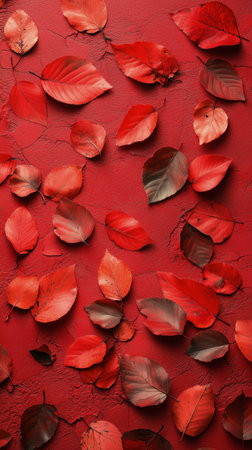 Bright red leaves are artistically arranged against a matching red background, showing the rich colors of autumn and creating a warm, captivating visual display.の素材