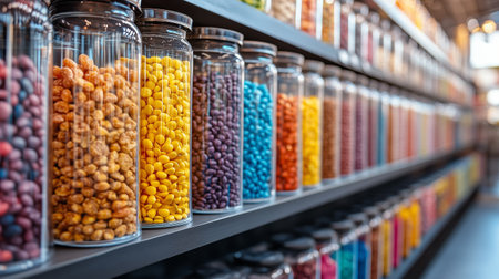 Rows of jars filled with vibrant candies in various colors create a visually appealing display in a candy shop. Customers can enjoy browsing the tempting selection of treats.の素材