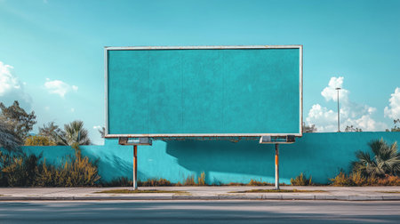 A large empty billboard stands against a bright turquoise wall on a sunny day.の素材