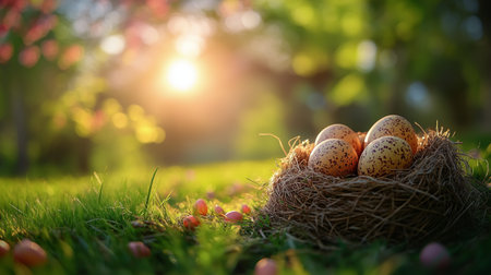 Nestled in a green field, a cozy nest holds several speckled eggs. The backdrop features blooming flowers and a warm sunset, creating a serene atmosphere of spring.の素材