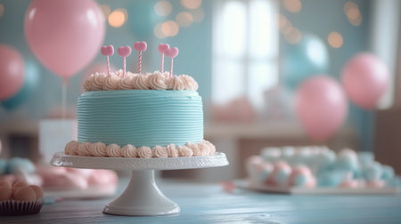 A beautifully decorated pastel blue cake sits on a white pedestal, surrounded by pink balloons and sweet treats, creating a cheerful atmosphere for a special occasion.の素材