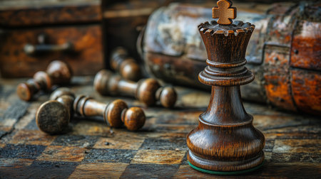 A wooden chess piece stands prominently on a vintage board, surrounded by scattered pieces and an antique box, showing a moment of strategy and history in an atmospheric setting.の素材