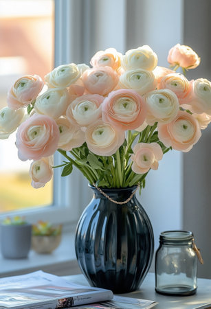 A stunning arrangement of pastel ranunculus flowers fills a modern black vase on a sunny windowsill.の素材