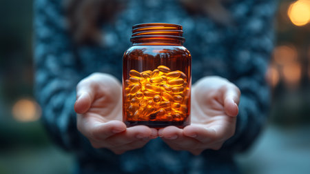 The person holds a glass jar filled with golden capsules, showcasing it against a blurred outdoor background during twilight, exuding a warm glow.の素材