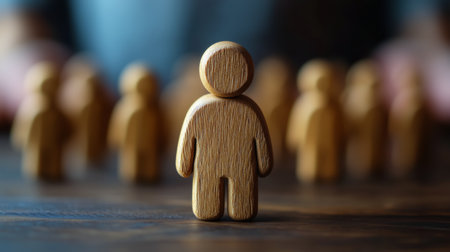 A wooden figure is positioned prominently in focus, surrounded by slightly blurred wooden figures in the background, all set on a table with soft lighting creating a warm atmosphere.の素材