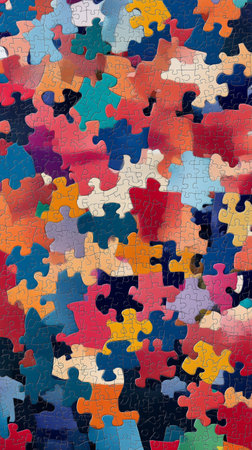 An array of assorted puzzle pieces in various colors and shapes lies across a flat surface, forming a lively and colorful abstract display. The pieces blend harmoniously.の素材