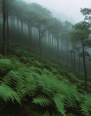 Dense ferns cover the forest floor as mist envelops tall trees in the early morning light, creating a serene and tranquil atmosphere in nature.の素材