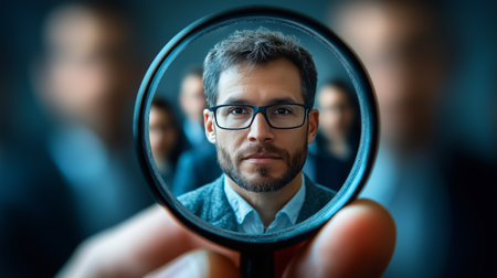 A focused individual wears glasses and a gray sweater while being examined through a magnifying glass. Background figures represent a corporate environment and teamwork.の素材
