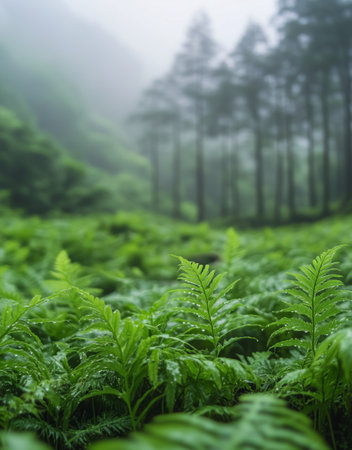 Dew-covered ferns blanket the ground, surrounded by tall trees in a foggy forest. The early morning light enhances the tranquil beauty of this natural landscape.の素材