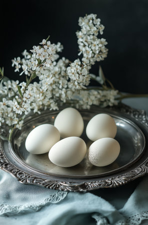 A collection of five white eggs is beautifully arranged on a vintage silver platter. Delicate white flowers enhance the tranquil atmosphere of this serene setup.の素材