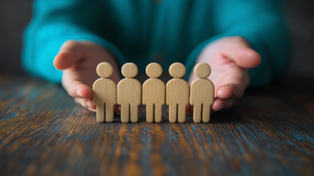 Hands support a row of wooden figures, symbolizing teamwork and collaboration. The setting is a wooden table, conveying a sense of connection and unity.の素材