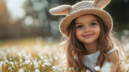 A girl with long hair wears a charming bunny hat while sitting in a meadow filled with flowers. Bright sunlight enhances the joyful atmosphere of the outdoor setting.の素材