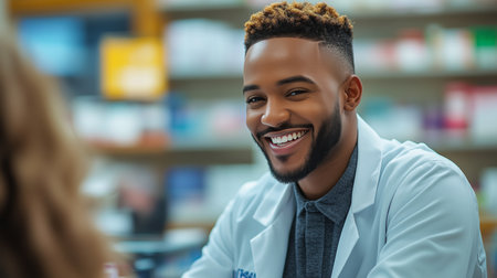 A cheerful pharmacist in a white lab coat interacts warmly with a customer at a busy pharmacy. The well-stocked shelves enhance the welcoming atmosphere of the space.の素材