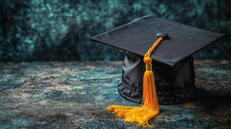 A black graduation cap sits on a dark textured surface, featuring an orange tassel that symbolizes academic achievement. This represents a moment of celebration for graduates.の素材