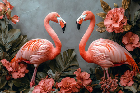 Two elegant pink flamingos stand facing each other amidst colorful tropical flowers and lush foliage, creating a vibrant and lively atmosphere.の素材
