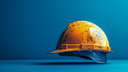 A worn yellow construction helmet rests on a smooth blue surface, emphasizing its significance in ensuring worker safety on construction sites.の素材