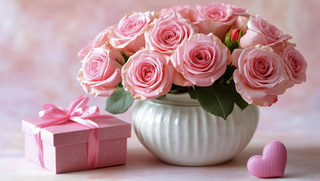 Fresh pink roses arranged beautifully in a white vase, accompanied by a pink gift box and a heart symbol, creating a warm and inviting atmosphere for a special occasion.の素材