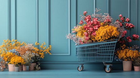 A blue shopping cart filled with colorful flowers sits against a vibrant blue wall. Potted plants with blooms in yellow and pink add an artistic touch to the lively setting.の素材
