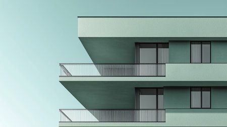 This multi-story building features a sleek minimalist design with balconies and large windows. The contemporary architectural style is complemented by a calm blue background.の素材