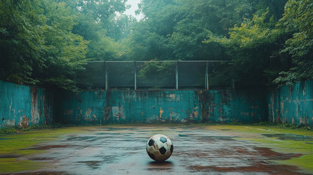 An overgrown soccer field in a forested area features a solitary ball on a damp surface. Trees surround the neglected court, creating a serene yet eerie atmosphere.の素材