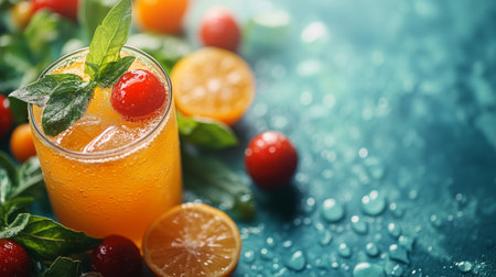 A bright cocktail made with citrus fruits and mint leaves sits on a blue surface. The drink is garnished with cherries, evoking a lively, refreshing summer vibe.の素材