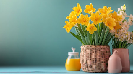 Beautiful yellow flowers bloom in woven baskets, complemented by a jar of honey and a small vase against a calming blue backdrop, creating a cheerful atmosphere.の素材