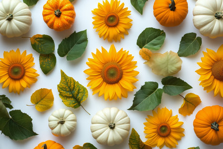 Bright sunflowers and varying pumpkins are artfully displayed among green and yellow leaves, capturing the essence of autumn's beauty and warmth in a vibrant layout.の素材