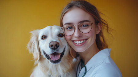 A joyful young woman wearing glasses embraces a golden retriever dog while smiling brightly. The warm yellow backdrop enhances the cheerful atmosphere of the moment.の素材