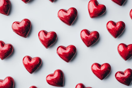 Multiple small red heart shapes are evenly distributed on a light surface, creating a cheerful and romantic atmosphere perfect for celebrations or decor.の素材