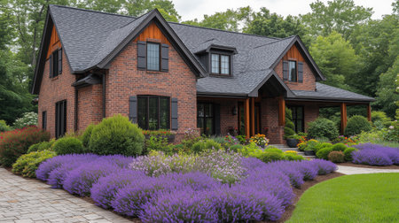 A charming brick house features stunning architecture and is adorned with a colorful lavender garden. Lush greenery adds to the serene summer atmosphere, creating a picturesque setting.の素材