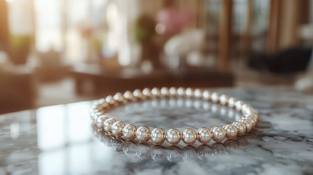 A delicate pearl necklace rests on a polished marble surface. The soft sunlight highlights the pearls, creating an inviting atmosphere in the stylish interior.の素材