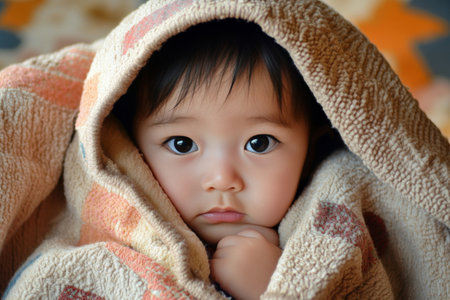 A baby with big, expressive eyes peeks out from a cozy, soft blanket, showing a look of curiosity and innocence in a tranquil indoor environment.の素材