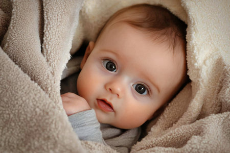 A baby with big, expressive eyes peeks out from a cozy, soft blanket, showing a look of curiosity and innocence in a tranquil indoor environment.の素材