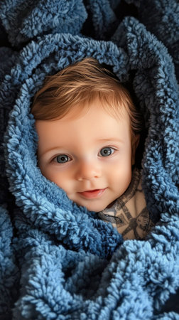 A cheerful baby is nestled in a soft blue blanket, smiling brightly. The warm morning light illuminates their sparkling blue eyes, creating a cozy and joyful atmosphere.の素材