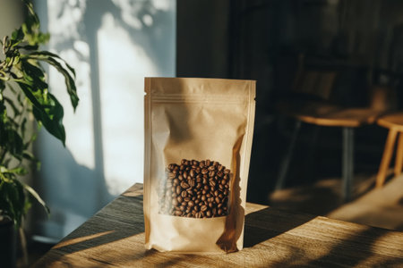 A burlap sack is filled with fresh coffee beans, resting on a wooden table. Some beans are scattered nearby, creating a warm, inviting atmosphere in the cafe.の素材