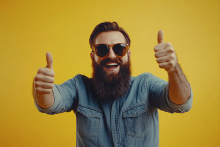 Cheerful man with a large beard smiles widely while wearing sunglasses. He gives two thumbs up, standing outdoors with colorful surroundings in bright sunlight.の素材