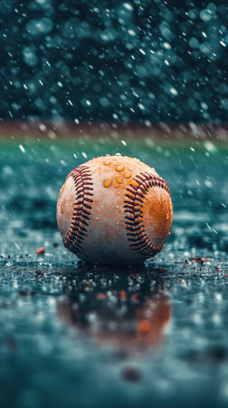 A baseball lies on a wet surface amid falling rain droplets, creating a reflective surface. The scene captures the essence of a gloomy day, highlighting the ball's dirtied texture.の素材