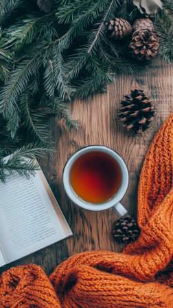 A cup of tea sits beside an open book on a wooden table. Soft candlelight illuminates the scene, creating a warm atmosphere perfect for relaxing on a chilly evening.の素材