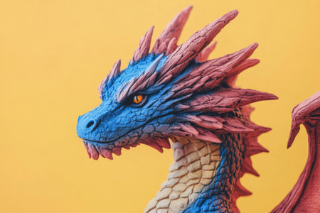 A detailed dragon sculpture showcases vibrant blue and red colors with fierce features. The bright yellow background enhances the artistic design and craftsmanship of the figure.の素材