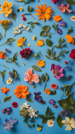 Various flowers in vibrant shades spread across a light blue surface create a cheerful and fresh atmosphere. The arrangement includes daisies, roses, and other blooms in full bloom.の素材